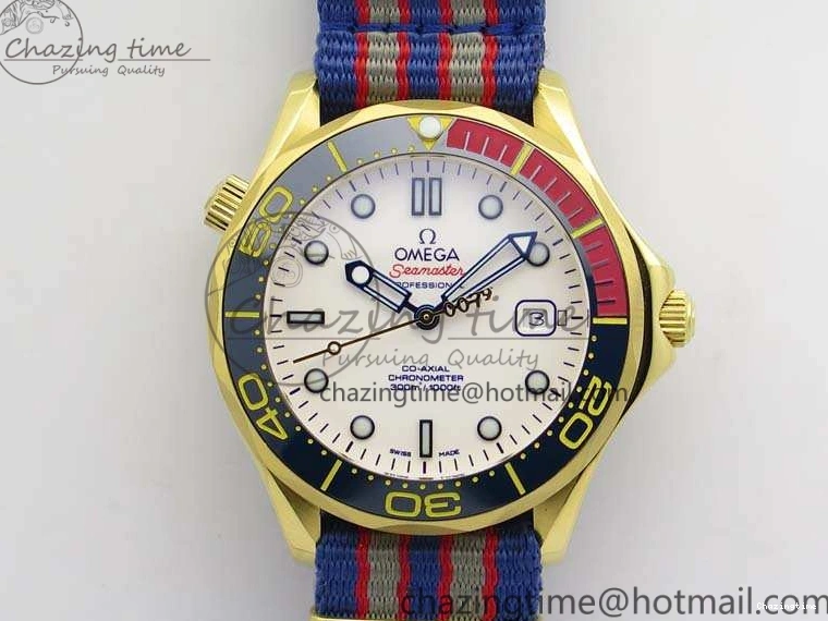 0417 Modern Seamaster 300M 007 YG URF 1:1 Best Edition White Dial Ceramic Bezel On Nylon Strap A 8115